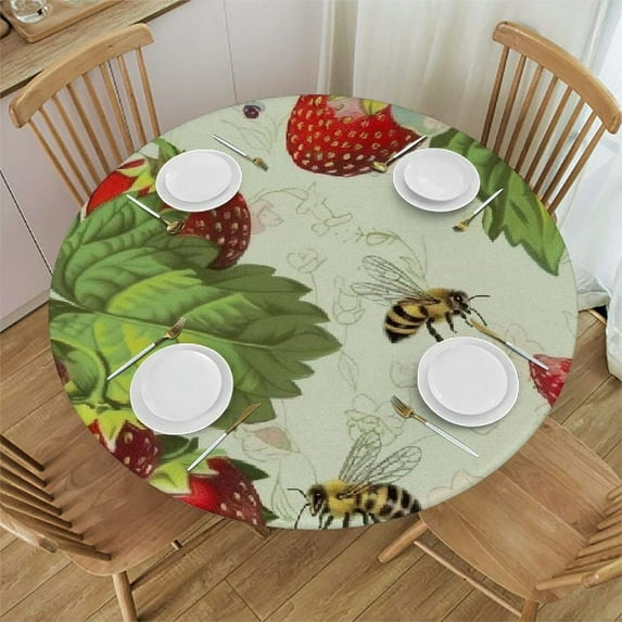 JEUXUS Strawberry Pattern Round Fitted Tablecloth Elastic Edge Waterproof Oil-Proof Table Cover Stain-Resistant Table Cloth Fits Round Tables White