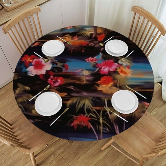JEUXUS Summer Night Watercolor Hawaiian Colorful Tablecloth Round Table Cloth Waterproof Table Cover for Home Kitchen Dining Room Outdoor Patio