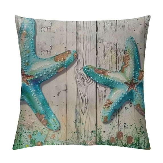 JEUXUS Summer Ocean Theme Throw Pillow Covers Wood Grain Starfish Hippocampus Seashells with Quotes Nautical & Coastal Decorative Pillowcases Beach House Decor Cushion Covers