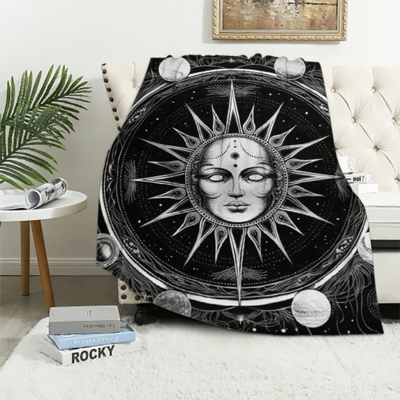 JEUXUS Sun Moon Throw Blanket - Space Psychedelic Decoration Theme Gifts for Adult Kids, Soft Warm Cozy Plush Blanket for Men Women Home Room Decor, Birthday Christmas Valentines Day Gifts