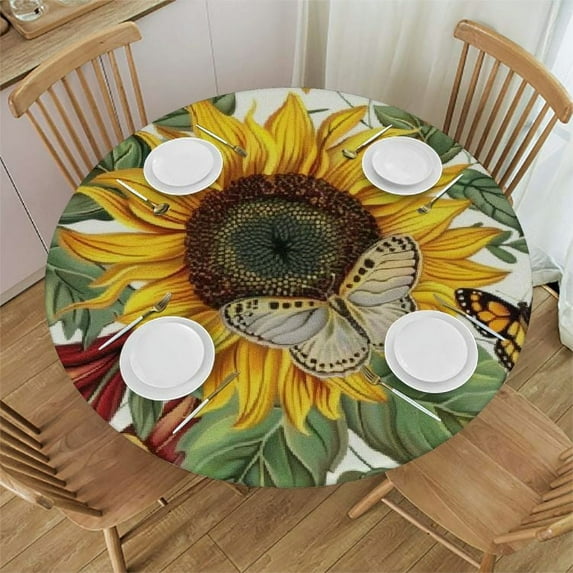 JEUXUS Sunflower Butterfly Round Table Cloth,Watercolor Floral Tablecloth Waterproof Stain Resistant Washable Circle Table Cover for Home Kitchen Dining Room Party Outdoor Picnic