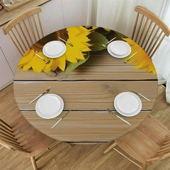 JEUXUS Sunflower Fitted Tablecloth Round -Table Cloth - Wood Grain Background Country Style Elastic Edge Table Covers - Indoor Kitchen Dinning Room or Outdoor Picnic Party Dining Tables Decoration