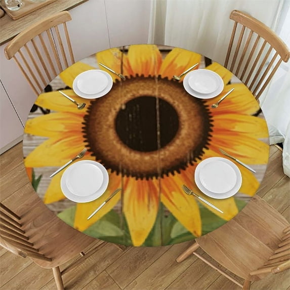 RUIYC Sunflower Rustic Yellow Summer Fall Round Fitted Table Cover Elastic Edge Circle Tablecloth for Party Holiday Fits Table up Diameter