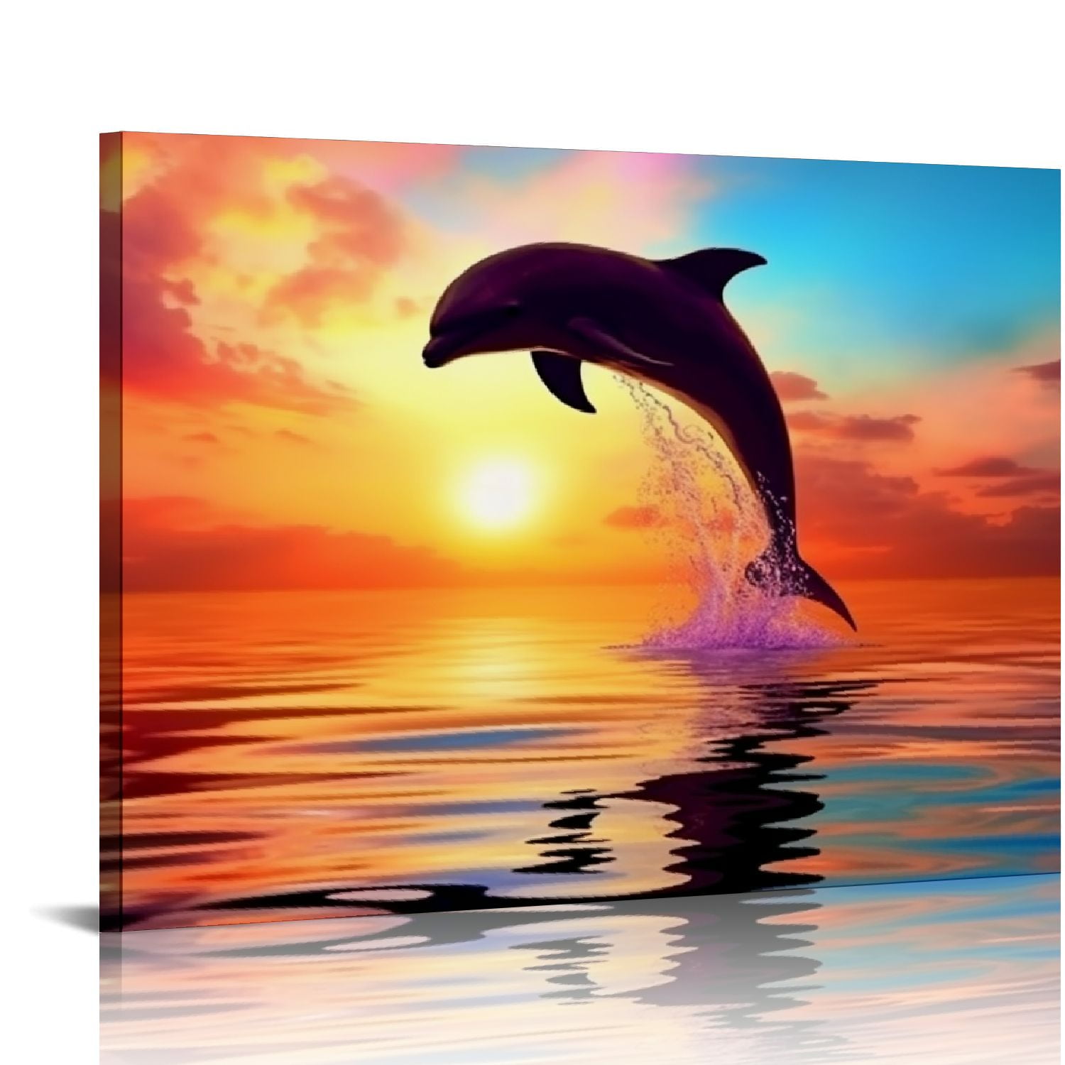 JEUXUS Sunset Canvas Wall Art Dolphin Wall Art Framed Dolphin Canvas