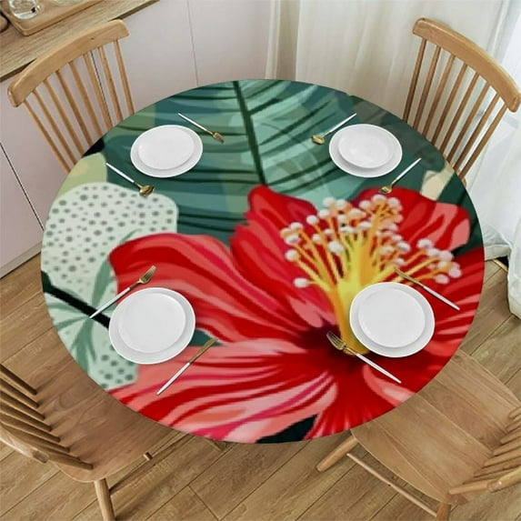 JEUXUS Table Cloth Hibiscus Flowers Tablecloth Round Summer Colorful Hawaiian Tropical Plants Table Cover for Dining Room Kitchen Decoration