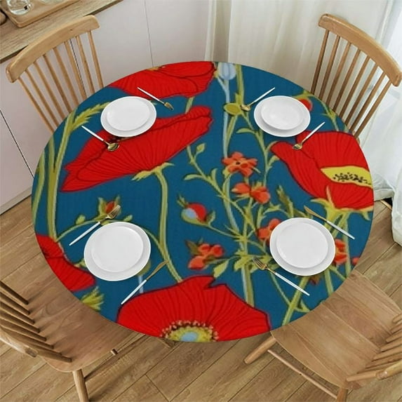 JEUXUS Table Cover Elastic Edged Red Poppy Flower Floral Print Tablecloths Heavy Duty
