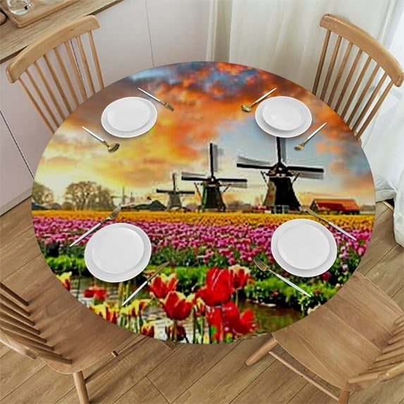 JEUXUS Tablecloth Round Table Cover Landscape Paintings Traditional Dutch Windmills White
