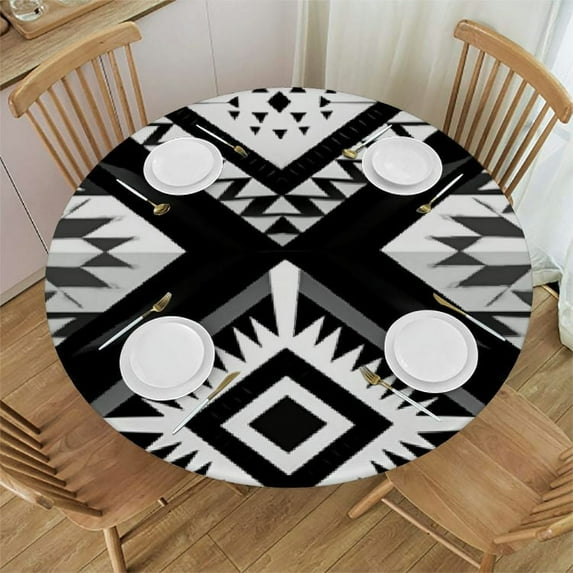 JEUXUS Tablecloth Round Table Cover Waterproof Geometric Abstract Pattern Design Wipable Polyester Cloth Spring Summer Party Table Cover Tribal Decor Black White