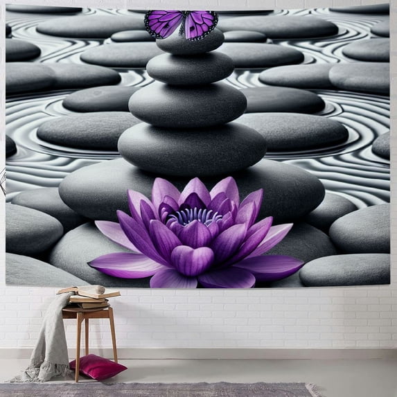 JEUXUS Tapestry Wall Hanging Zen Stone Wall Art Spa Stone Sand with Purple Water Lily and Butterfly Painting