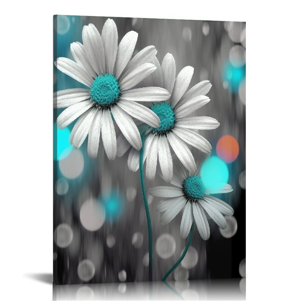 JEUXUS Teal Blue Flower Wall Art Turquoise Flower Bedroom Decor