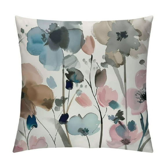 JEUXUS Teal Brown Cream Grey Floral Throw Pillow Covers Watercolor Tan Gray Beige Flowers Decorative Pillow Cases Rustic Abstract Modern Pillowcases Home Decor For Living Room Couch Sofa