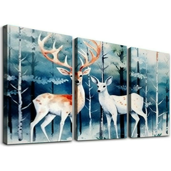 JEUXUS Teal Mountain Wall Art Nature Landscape Wall Decor Deer Painting Winter Snowy Canvas Pictures for Bedroom Bathroom Christmas Decorations Foggy Forest Misty Pine Tree Elk 12''x16''X3 Panels