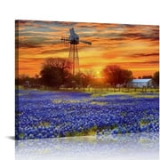 JEUXUS  Texas Landscape Wall Art Texas Wildflowers Canvas Bluebonnets Picture Rustic Windmill Painting Farmland Sunset Prints Western Farm Artwork for Home Wall Decor Framed