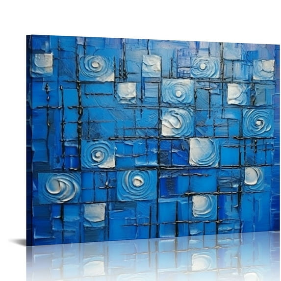 JEUXUS Thick Textured Abstract Squares Canvas Wall Art Painted Artwork Modern Dark Blue add Silver Painting for Home Decor Framed Ready to Hang