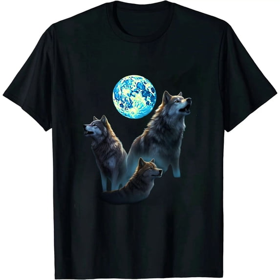 JEUXUS Three Wolves Howling Under Icy Full Moon, Gray Wolf T-Shirt