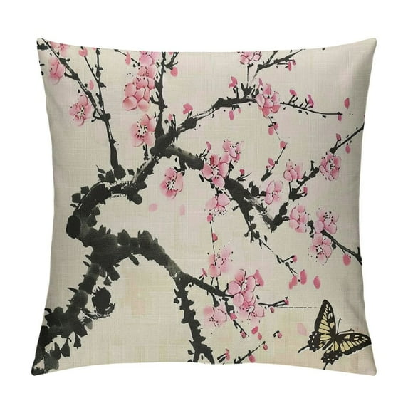 JEUXUS Throw Floral Pillow Cover Spring Sakura Cherry Blossom Butterflies in Traditional Japanese Flower Decorative Throw Pillow Cushion Case for Home Couch Living Room Bed Sofa Car