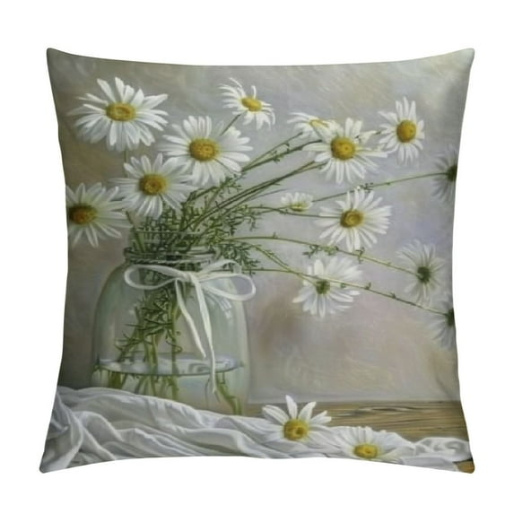 JEUXUS Throw Pillow Cover Modern White Daisy Flower in Bottle Theme Picture Short Plush Pillowcase White