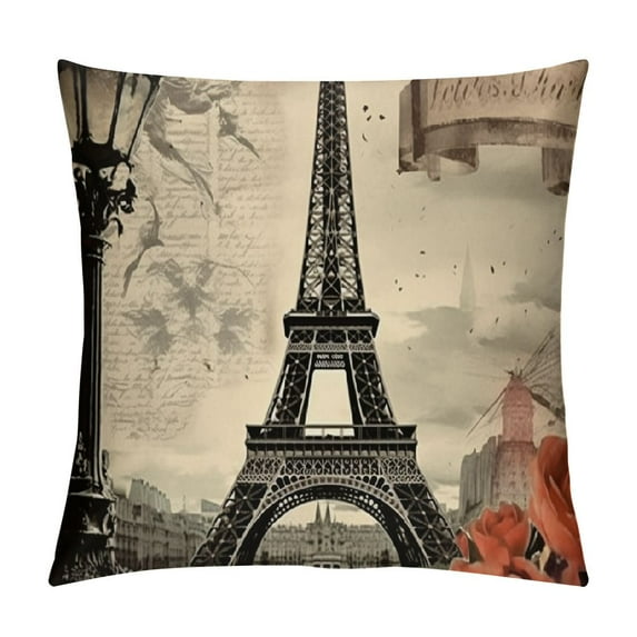 JEUXUS Throw Pillow Covers Black Beige Paris Eiffel Tower Square Pillowcases Decorative Cushion Pillow Cover for Sofa Couch Living Room Girls Bedroom Home Decor