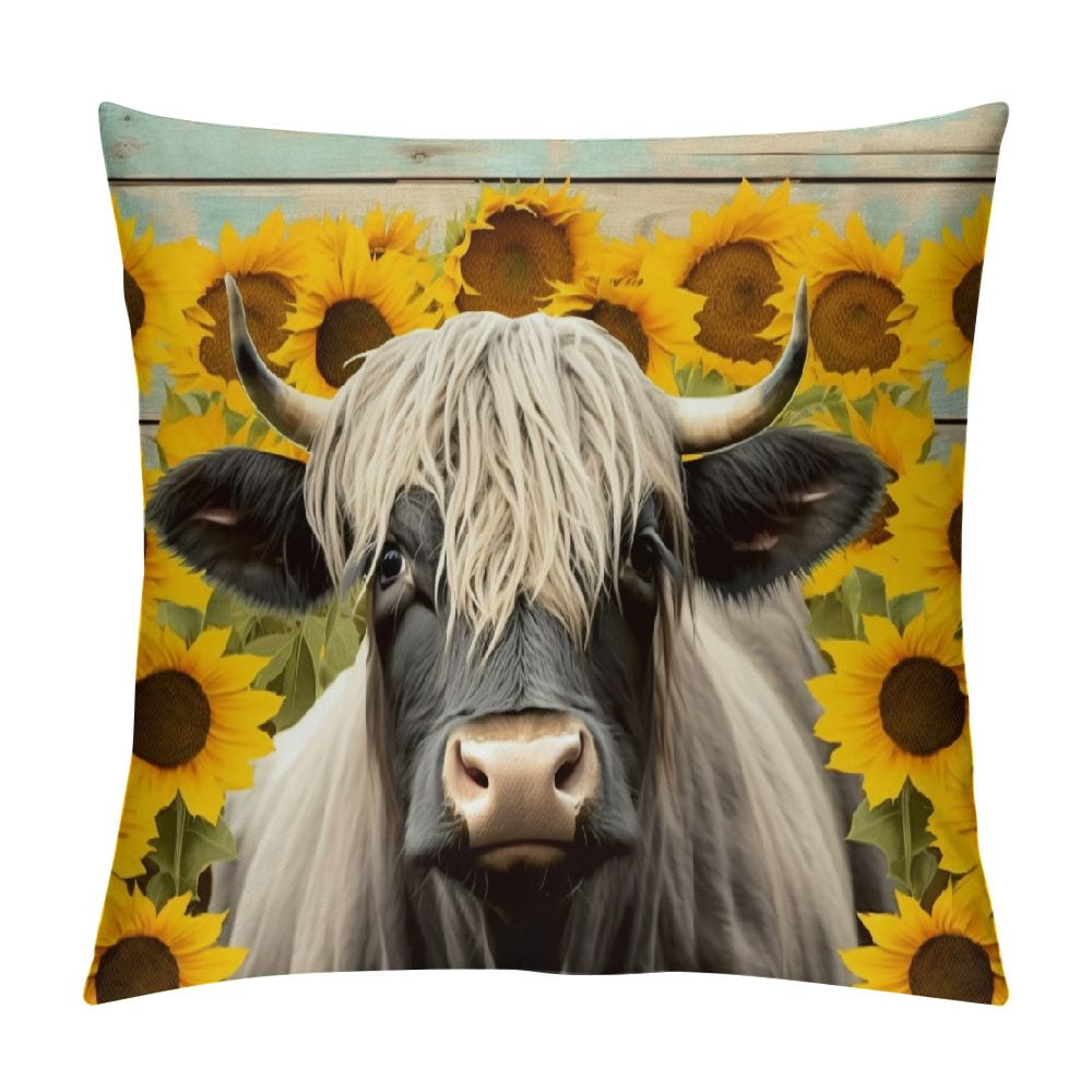 JEUXUS Throw Pillow Covers Highland Cow with Sunflowers Cattle Design