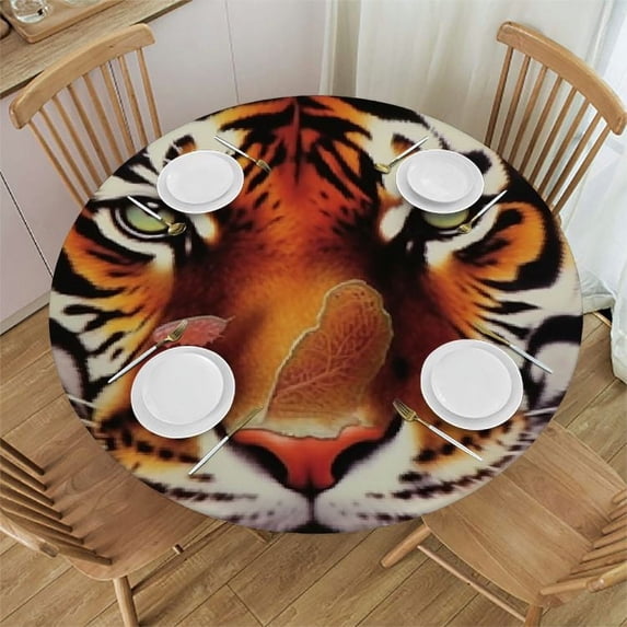 JEUXUS Tiger Round Fitted Tablecloth with Elastic Edge, Various Symbols of Nature Bengal Cat Bald Eagle Butterfly Print Large Polyester Table Cover, Fit Round Table up for Indoor Outdoor Patio Use