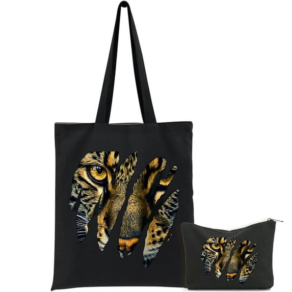 JEUXUS Tote Bag for Women Canvas Leopard Cheetah Tiger Leopard Face Lion Cat 2 Pcs Canvas Tote Bags Cute Aesthetic Tote Bags with Zipper Black