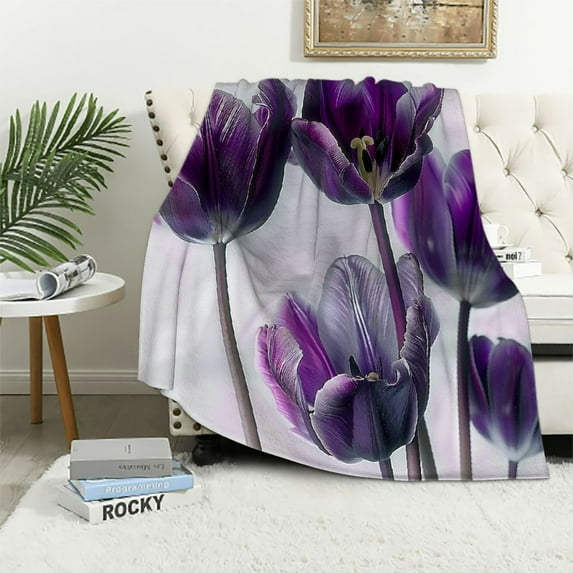 JEUXUS Transparent Purple Flower Tulip Picture Soft Plush Blankets White