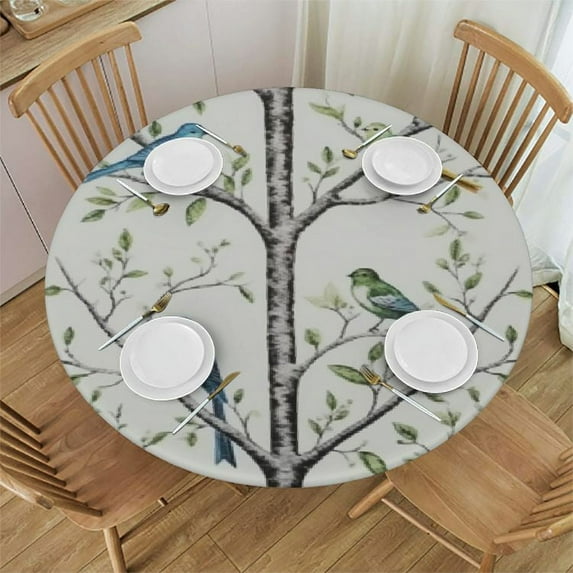 JEUXUS Tree Branch Round Table cover Fitted Table Cover,Elastic Tablecloths Waterproof Outdoor Indoor Stretch Cloth Tablecover for Dinner,Party,Shower,Forest Winter Birds Abstract Leaves Watercolor
