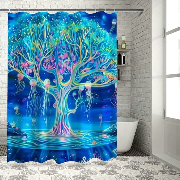 JEUXUS Tree Underwater World Trippy Jellyfish Colorful Plant Shower Curtain Multiple Sizes for Bathroom White