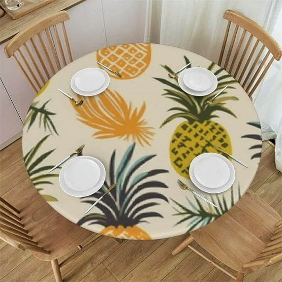 JEUXUS Tropical Pineapple Leaf Fitted Round Tablecloth with Elastic Edge Waterproof Table Cover Pineapple Table Cloths Modern Tables Decoration for Dining Table,Picnic,Party