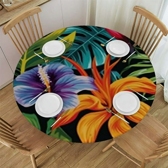 JEUXUS Tropical Pineapple Palm Leave Floral Round Tablecloth Polyester Table Cloth Linen, Machine Washable Table Cover for Kitchen Dining Coffee Circular Table