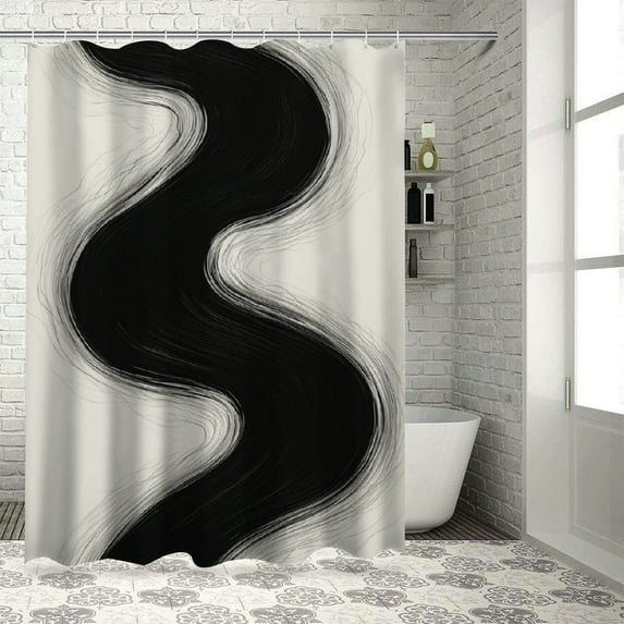 JEUXUS Two Tone Minimum Dark Brush Strokes for Landscape Abstraction Shower Curtain White