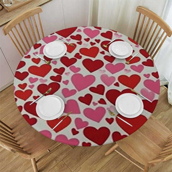 JEUXUS Valentine’s Day Fitted Table Cover - Waterproof Red/Pink Love Heart Elastic Edged Tablecloth Wipeable Table Cloth for Dinner, Wedding Party Table Decor