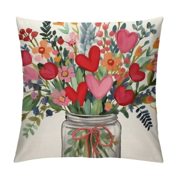 JEUXUS Valentines Day Pillow Cover Vase Heart Floral Decor Holiday Farmhouse Pillow Case Gifts Decoration for Home Sofa Couch