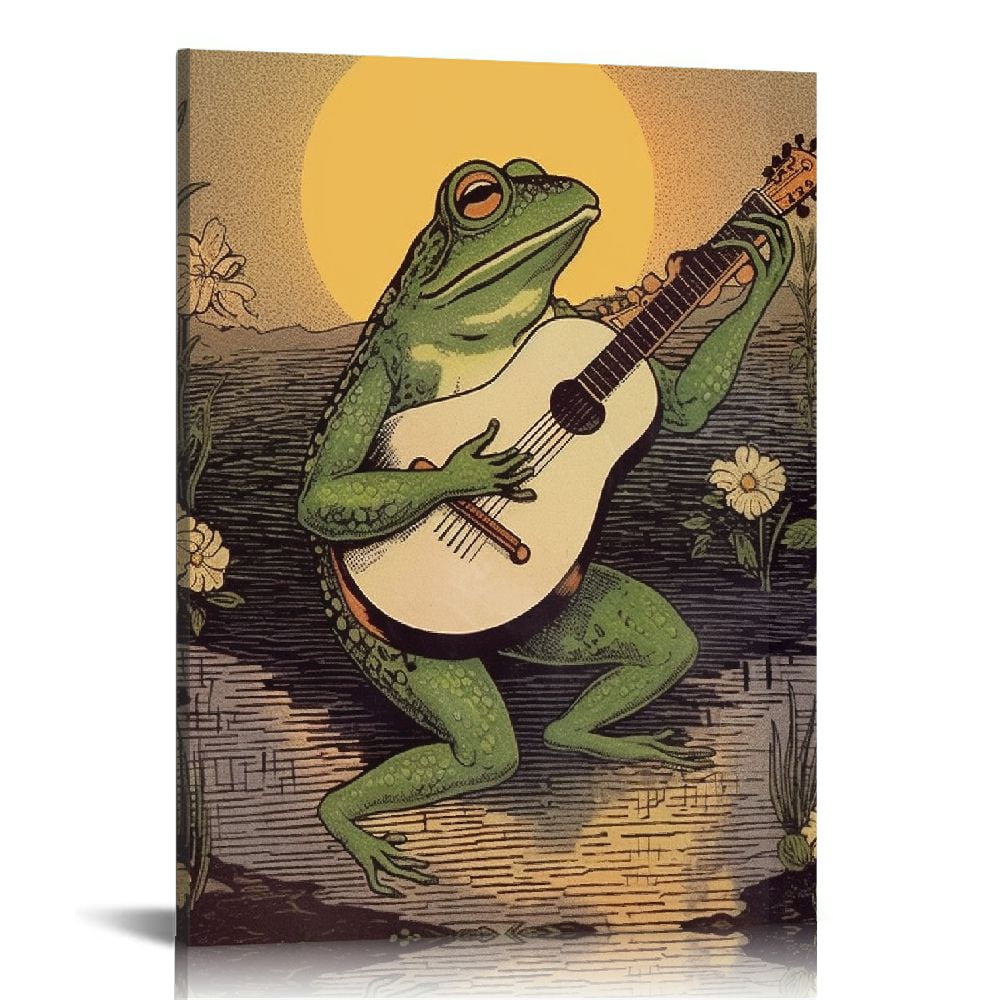 Retro Frog Playing Banjo Funny Canvas Wall Art 12" x 16"