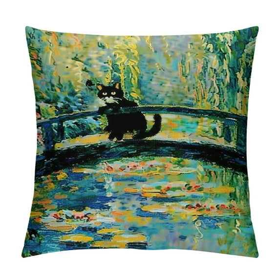 JEUXUS Vintage Black Cat Famous Monet Flowers Funny Floral Print Farmhouse Aesthetic Throw Pillow Cover White