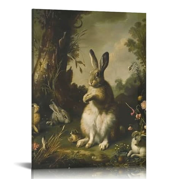 JEUXUS Vintage Bunnies bird Wall decor Framed Oil Poster Grass canvas Wall Art Rabbits landscape Canvas Wall painting Nature Framed Decor for Bedroom living room bathroom 12x16 in
