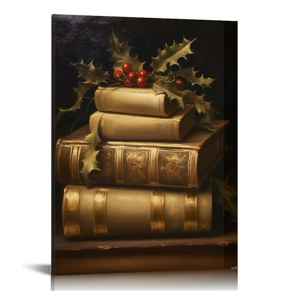 JEUXUS Vintage Christmas Canvas Wall Art, Rustic Books Art Still Life Pictures for Wall, Merry Christmas Poster Winter Print, Xmas Dark Academia Decor Wall Decorations Gifts