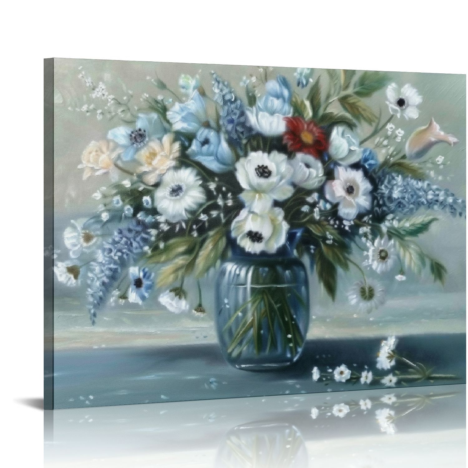 JEUXUS Vintage Flowers Canvas Wall Art Blue White Blossom Canvas ...