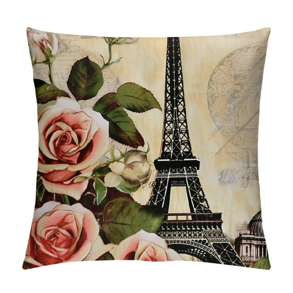 JEUXUS Vintage French Paris Eiffel Tower with Rose Flowers Decorative Throw Pillow Cover Pillow Case Cushion Cover for Sofa Bed Pillowcase (Paris Flower)