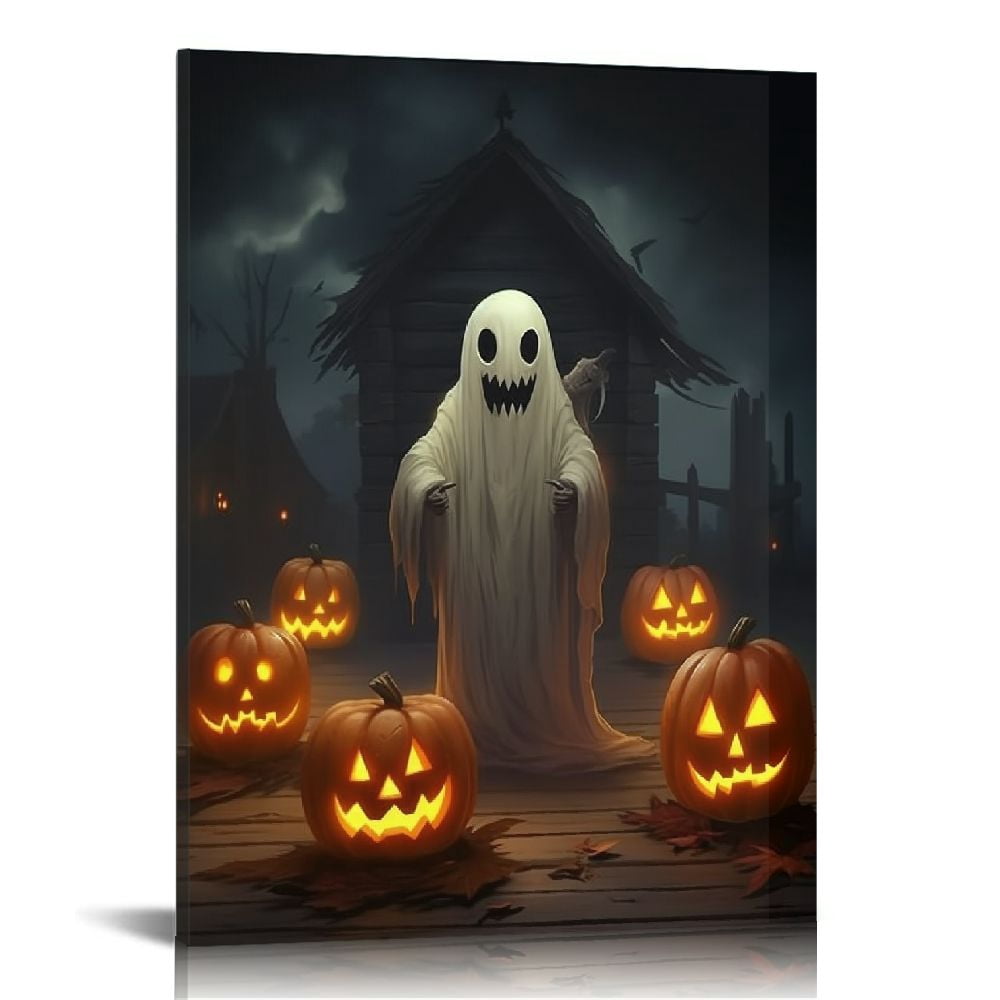 JEUXUS Vintage Ghost Wall Art Ghost Pumpkin Poster Halloween Ghost Dark ...