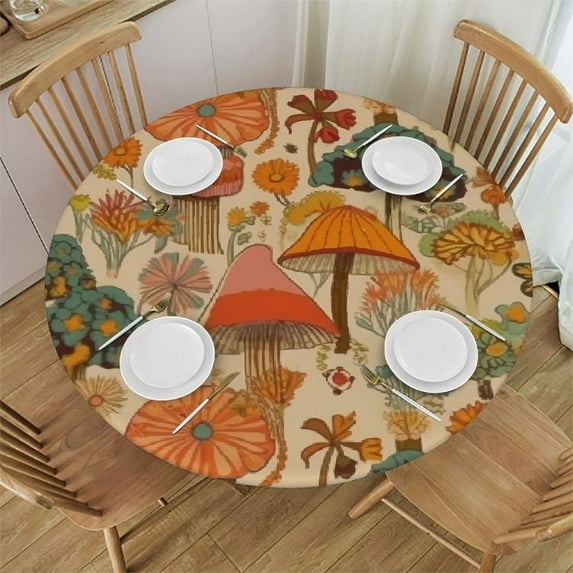 JEUXUS  Vintage Mushroom Tablecloth 60x60 Inch Round, Autumn Holiday Polyester Table Cover Decorative for Indoor Outdoor Party Kitchen Dining