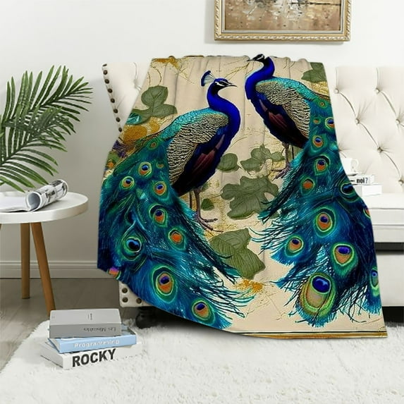 JEUXUS Vintage Peacock Bird Feathers Etchin Throw Blanket Super Soft Plush Throw Blanket,
