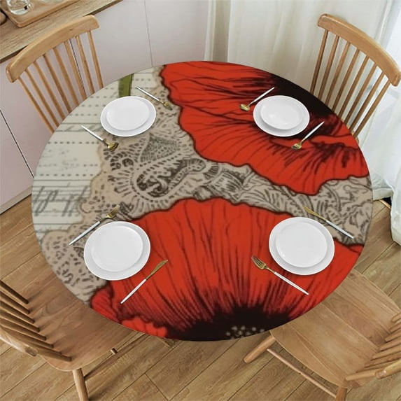 JEUXUS Vintage Poppy Flower Fitted Elastic Table Cover for Round Table, Waterproof Proof Tablecloth for Indoor Outdoor Picnic Camping Party Paris Eiffel Tower