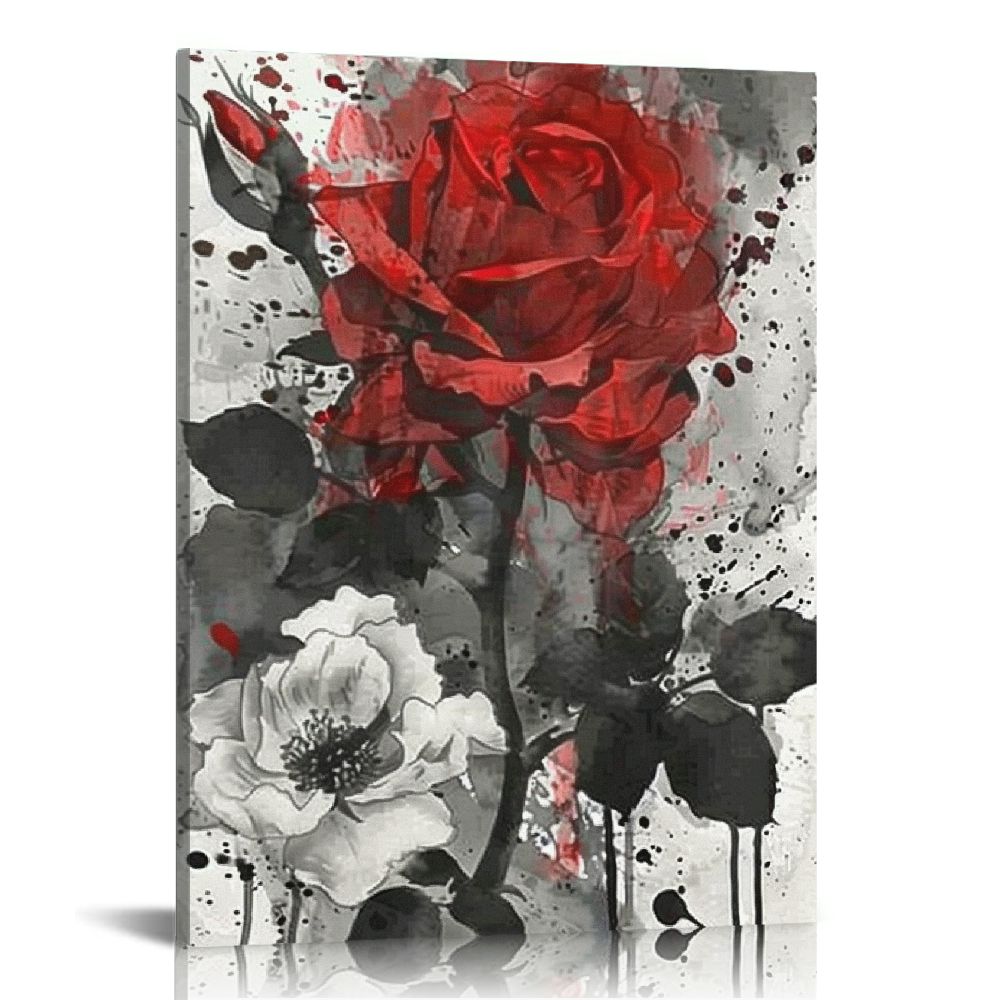 JEUXUS Vintage Rose Painting Canvas Wall Art, Retro Black And White Red ...