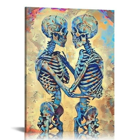 JEUXUS  Vintage Skull Canvas Wall Art Abstract Human Skeleton Couple Romantic Love Decoration Gift for Bedroom Home Walls Stretched and Framed Ready to Hang
