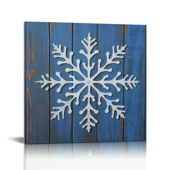 JEUXUS Vintage Snowflake Wall Art, Cute Christmas & Winter Artwork, Faded Wood Look, Blue & White, Premium Gallery Wrapped Canvas Decor, Ready to Hang, 16x16 inch