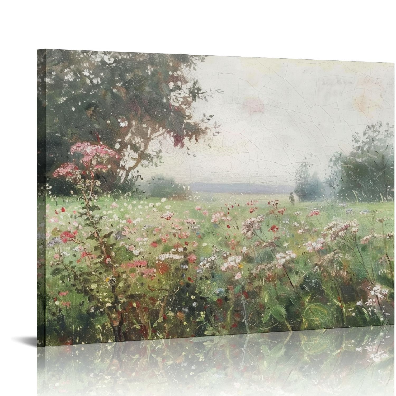 JEUXUS Vintage Spring Lake Landscape with Wildflower Meadow Canvas Wall ...