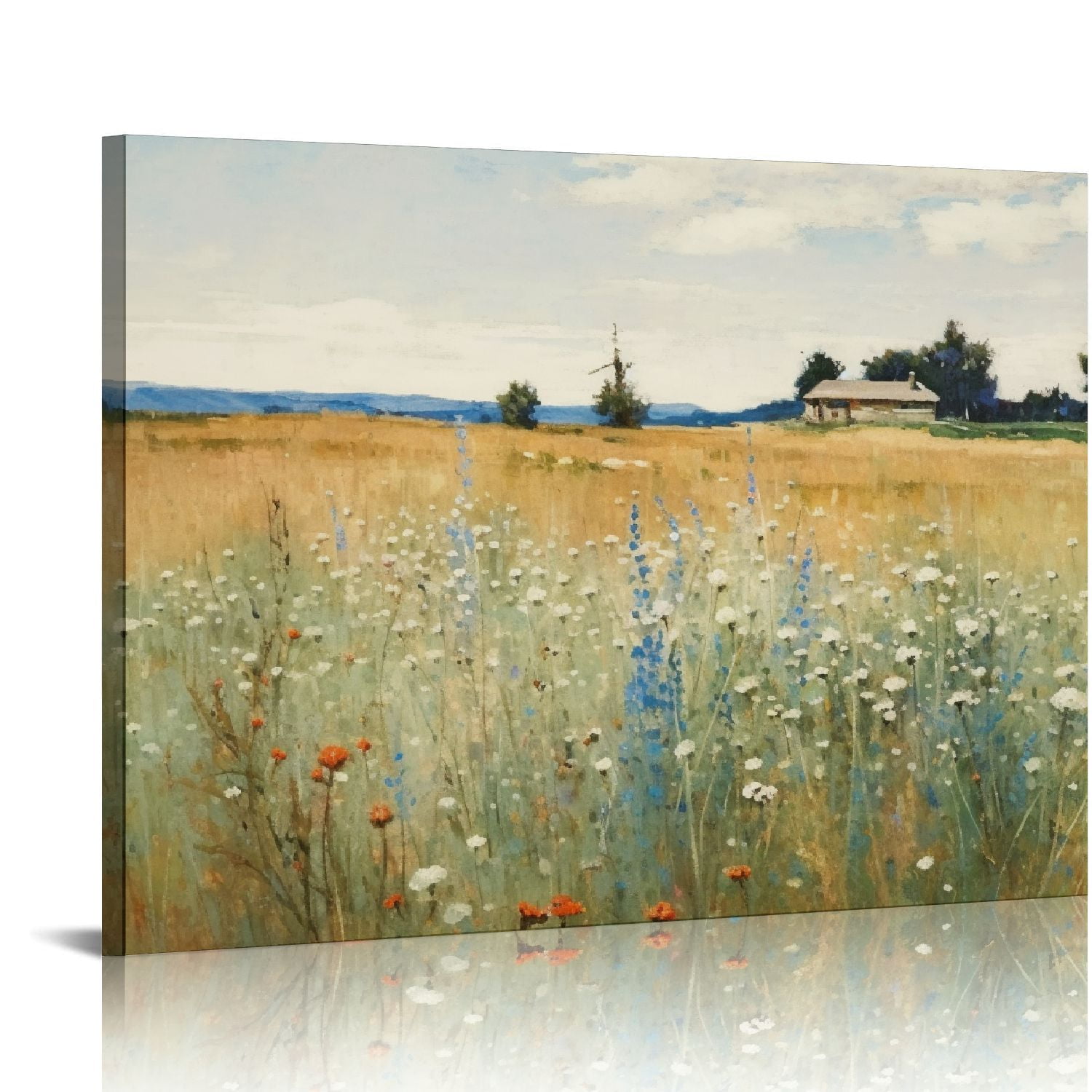 JEUXUS Vintage Spring Pink Wildflower Field Landscape with Flower