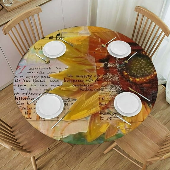 JEUXUS  Vintage Watercolor Sunflowers and Butterflies Tablecloth with Elastic Edge, Round Table Cloth Washable Reusable Table Cover for Kitchen Dining Party Picnic, Small