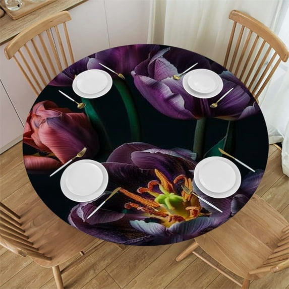 JEUXUS Violet Tulip - Purple Flower - Purple Flower Black Round Tablecloth Full Width Single-Sided Printing White